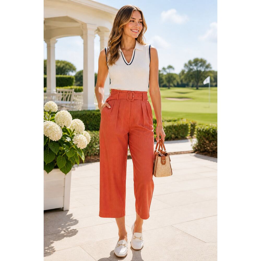 ASTR THE LABEL Larsen High Waisted Linen Blend Pants Rust XS Belted